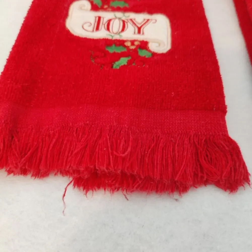 Cannon Red Christmas Tree Joy Embroider Fringe Hand Towels Set of 2 Pair Vintage